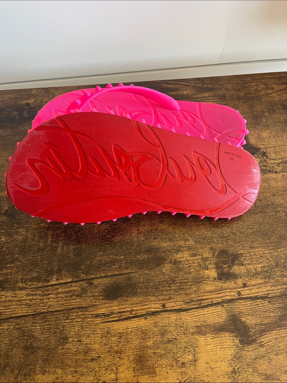 Christian Louboutin Neon Pink and Red Studded Flip Flops Size 38 - Picture 2 of 14